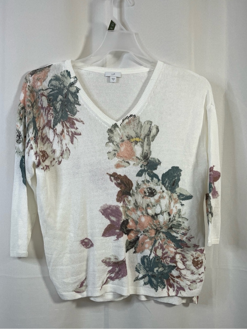 J Jill Sweater Womens White Floral V Neck 3/4 Sleeve Linen Viscose Stretch Small